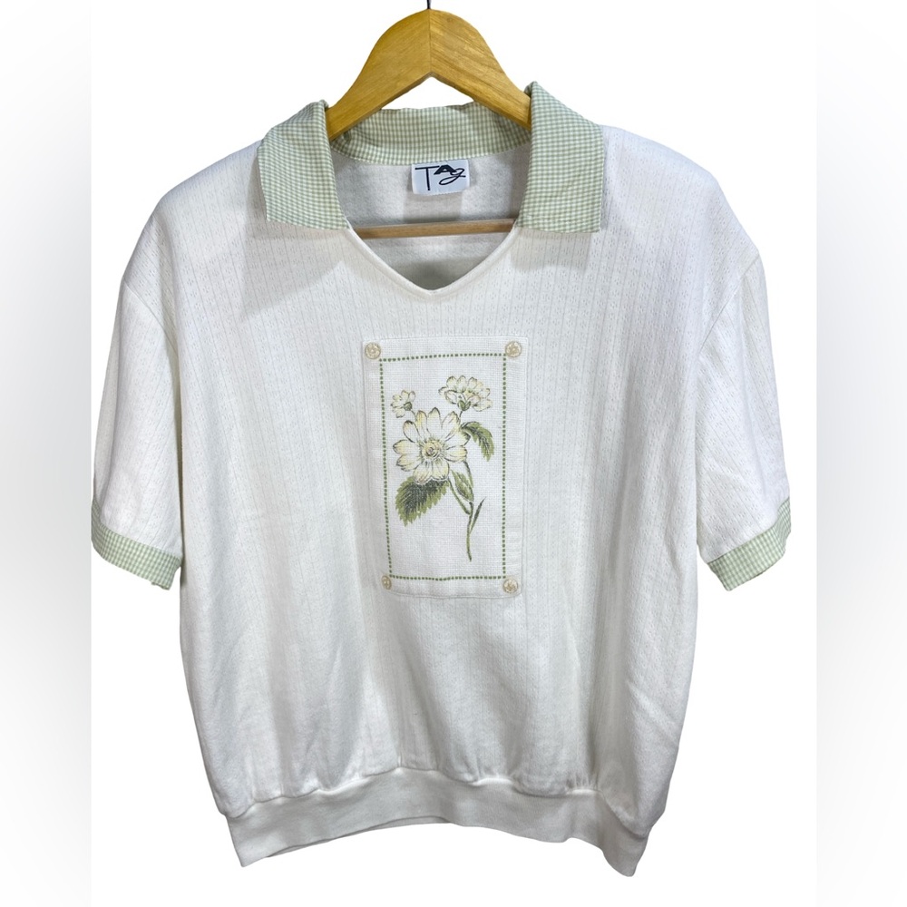 Vintage TAG Cottagecore Cream Blouse Gingham Collar Floral‎ Patch M